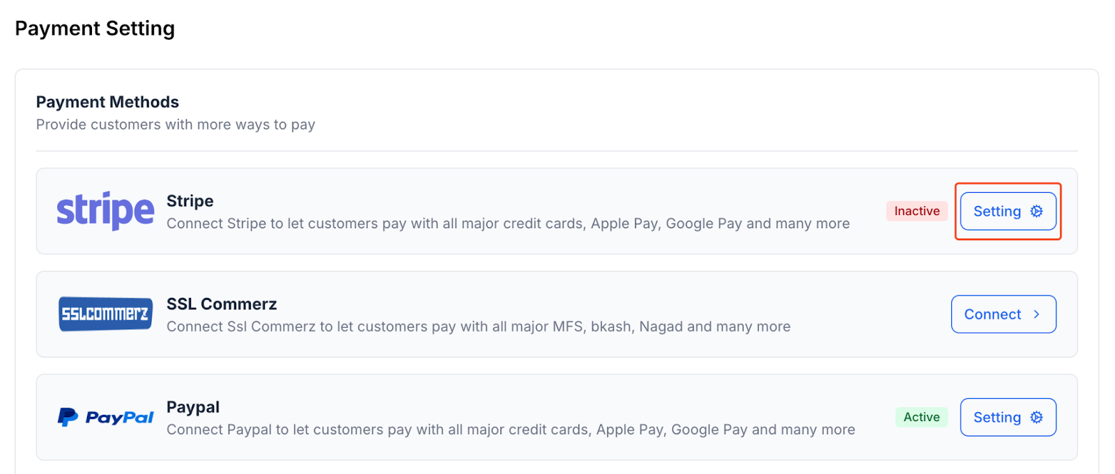 This image is a screenshot of Klasio Payments integrations window under Settings menu with the Settings button on the Stripe widget highlighted.