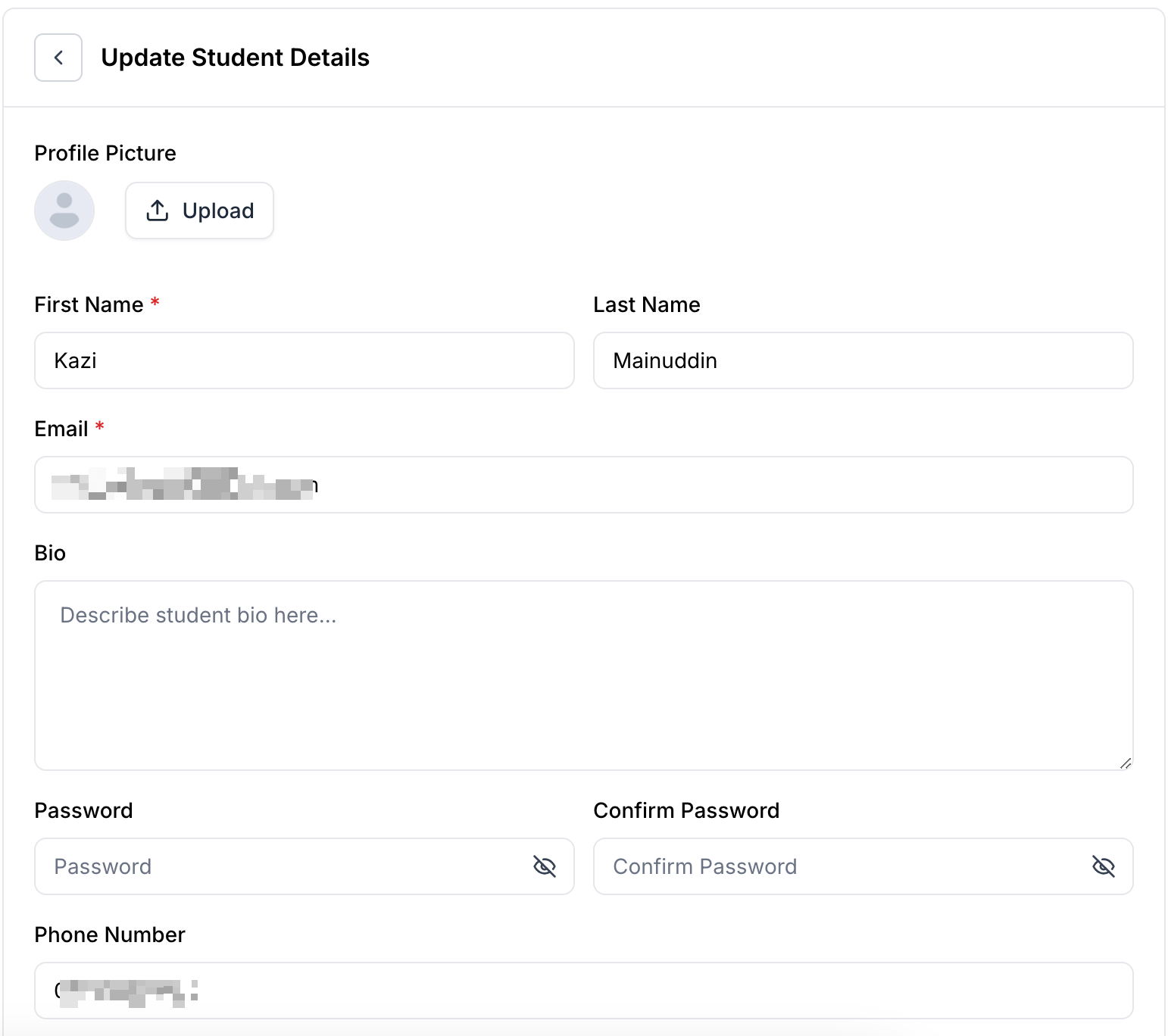 This image is a screenshot of Klasio Student's information form.