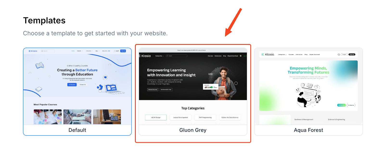 This image is a screenshot of Klasio Templates tab under Website menu with different academy website templates in display.