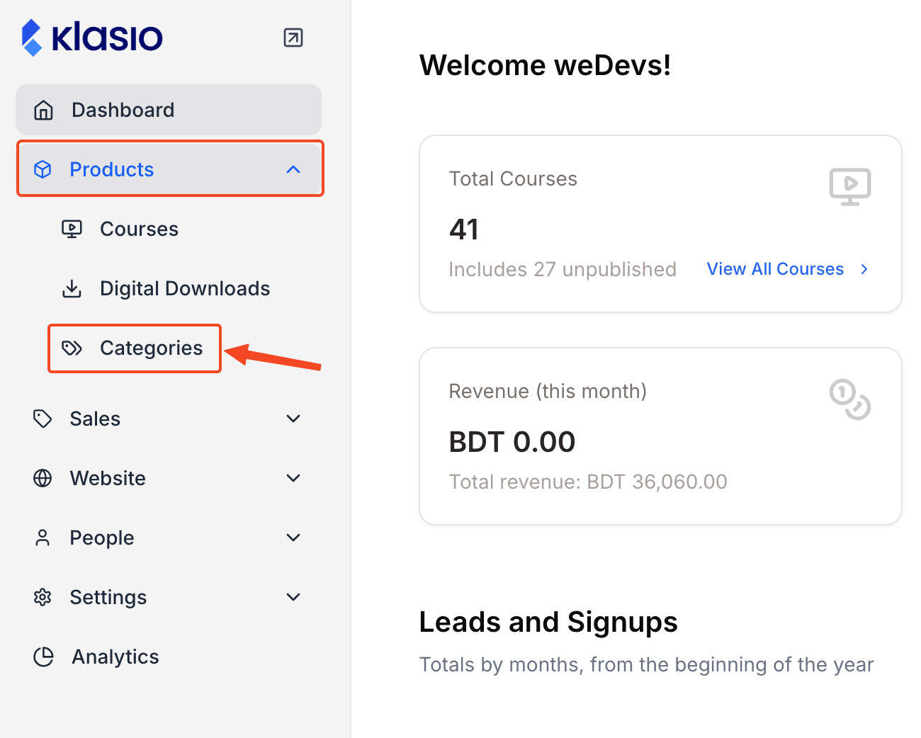 This image is a screenshot of Klasio admin dashboard with Categories tab under Products menu in highlight.