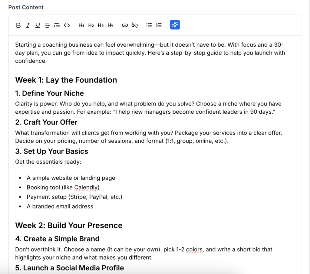 This image is a screenshot of Klasio Blog Post creation window with the Markdown tool in highlight.