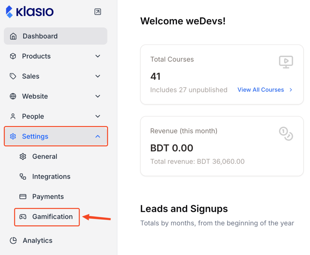 This image is a screenshot of Klasio admin dashboard with Gamification tab under Settings menu in highlight.